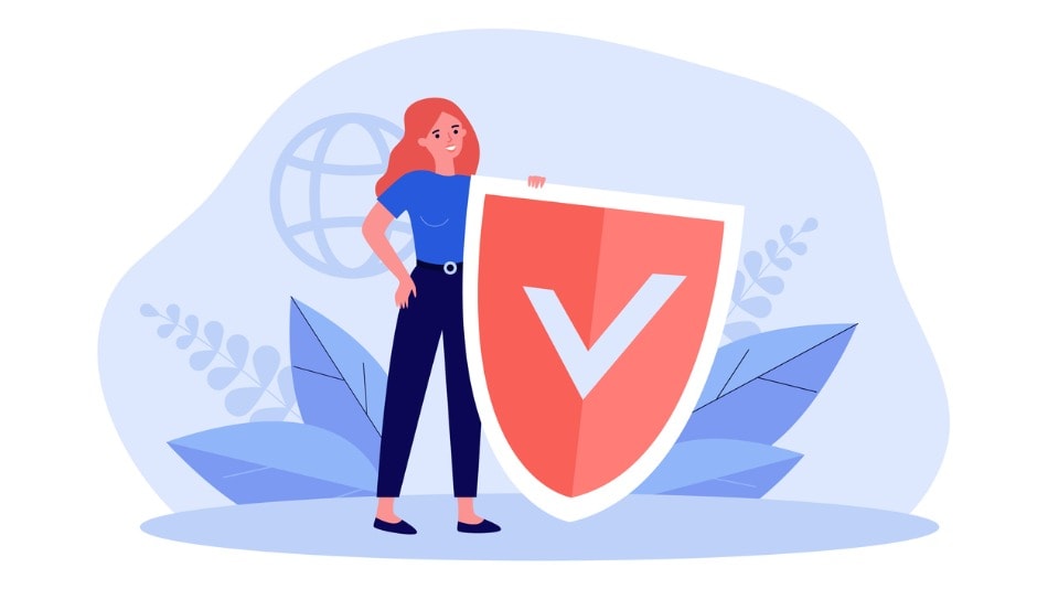 Dibujo de una mujer con el escudo de protección antivirus