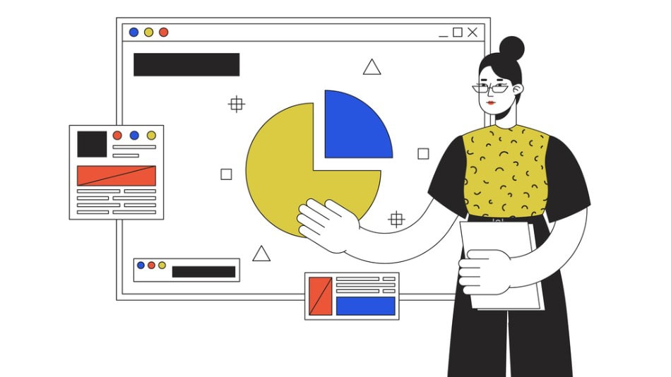 Ilustración de una mujer presentando un plan de marketing digital en una pizarra electrónica 